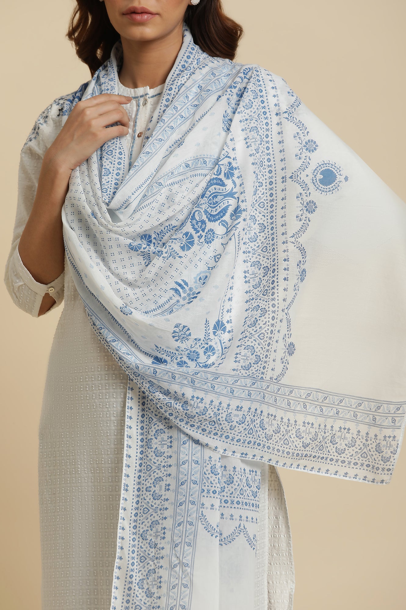 White Voile Dupatta In Blue Floral Print