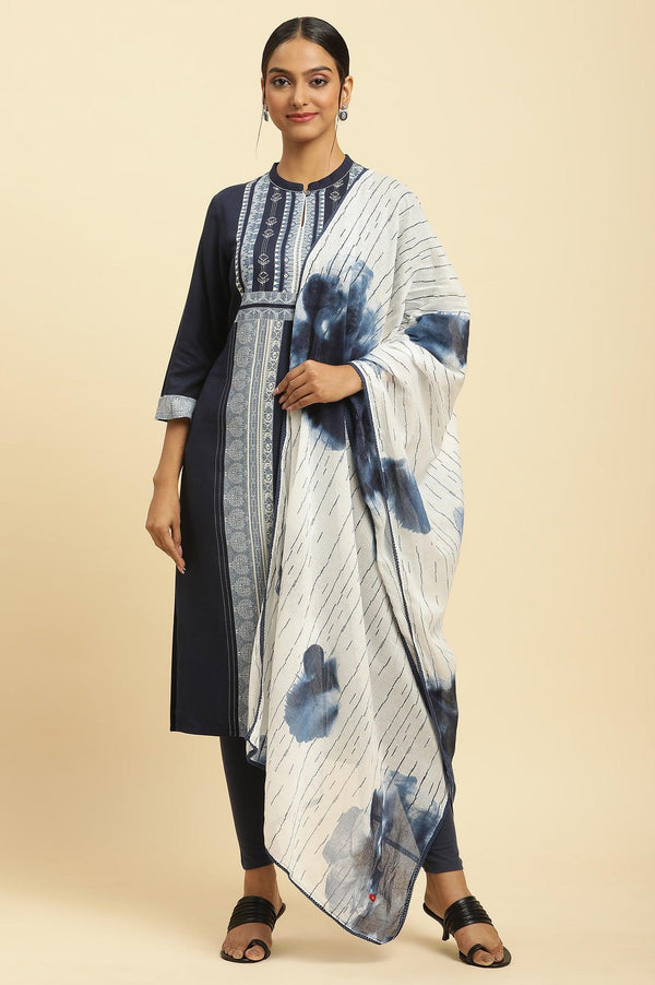 White Cotton Dupatta With Bold Blue Floral Print