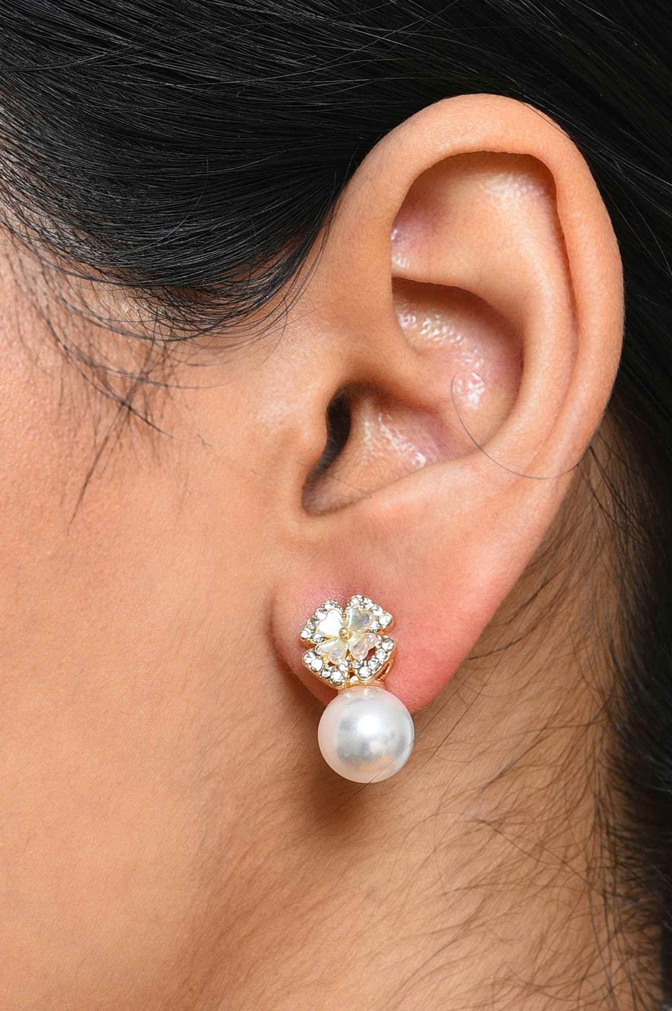 White Pearl Florwer Stone Drop Earrings