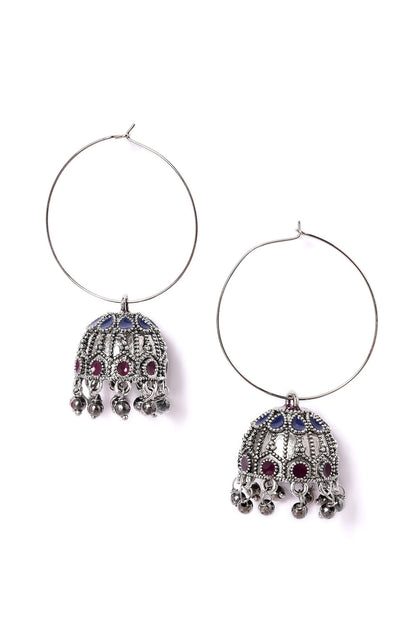 Blue &amp; Maroon Silver Oxidised Ethnic Jhumkas