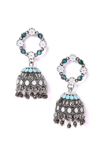 Blue &amp; White Oxidised Ethnic Jhumkas