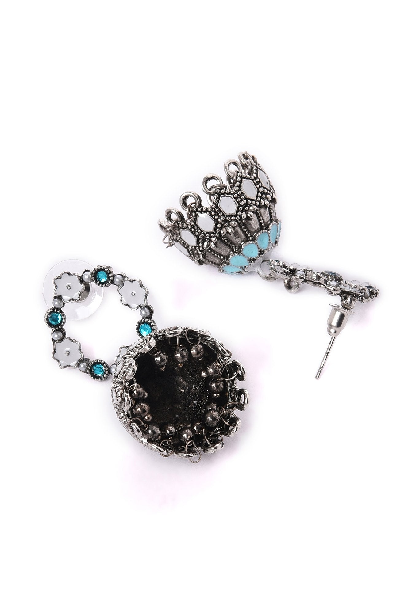 Blue &amp; White Oxidised Ethnic Jhumkas