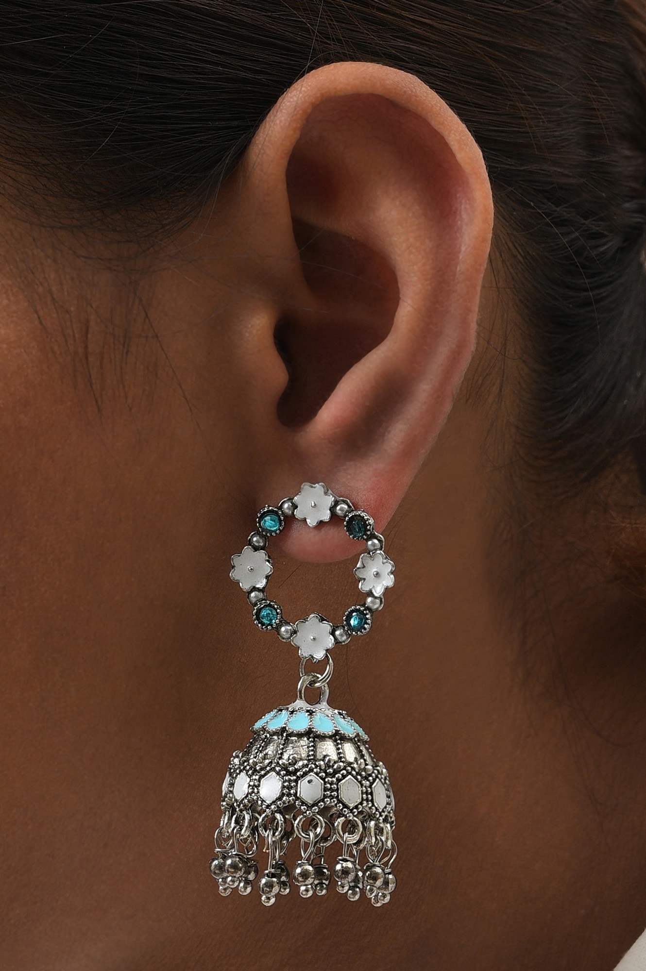 Blue &amp; White Oxidised Ethnic Jhumkas