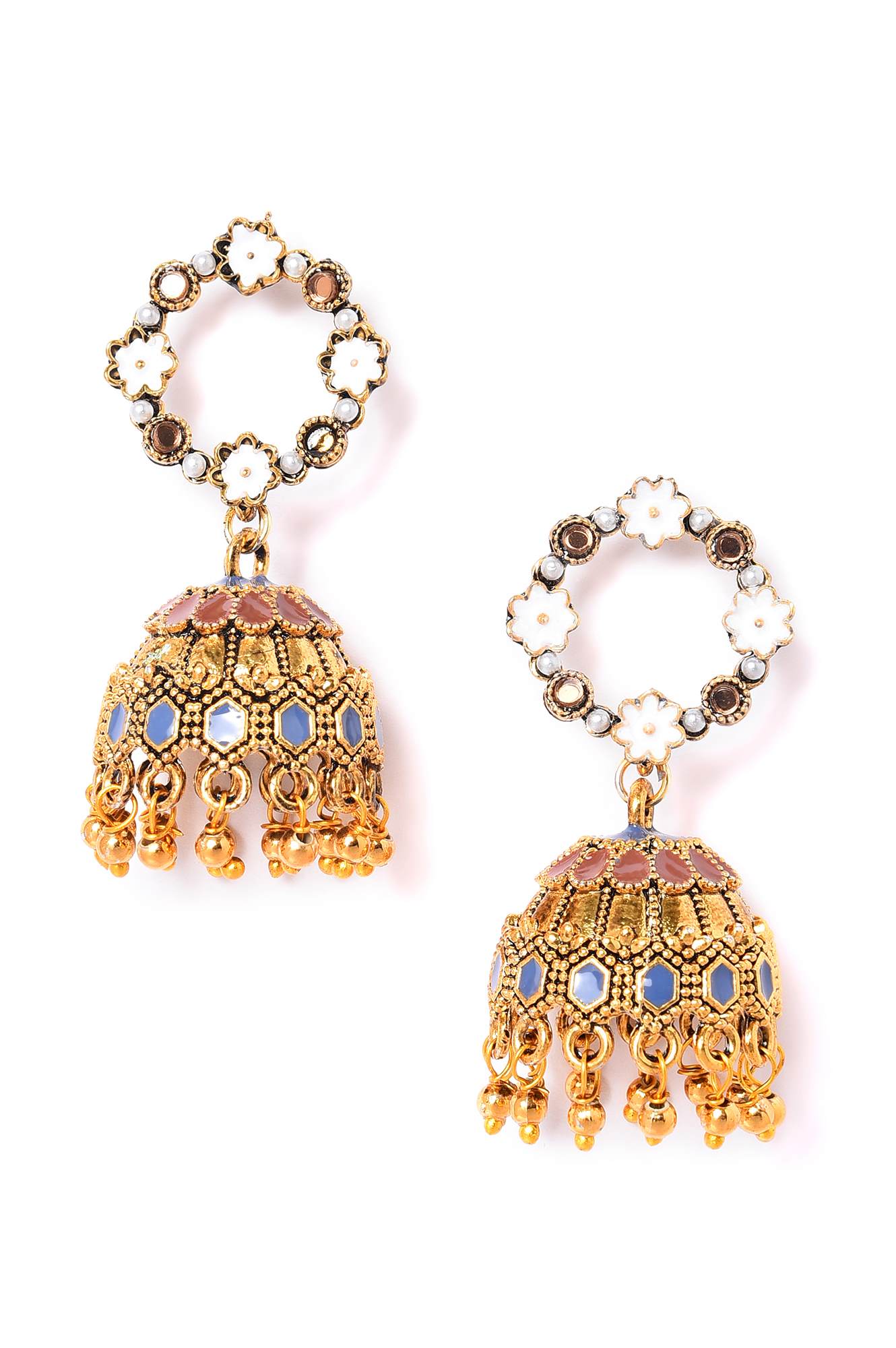 Brown &amp; Blue Oxidised Ethnic Jhumkas