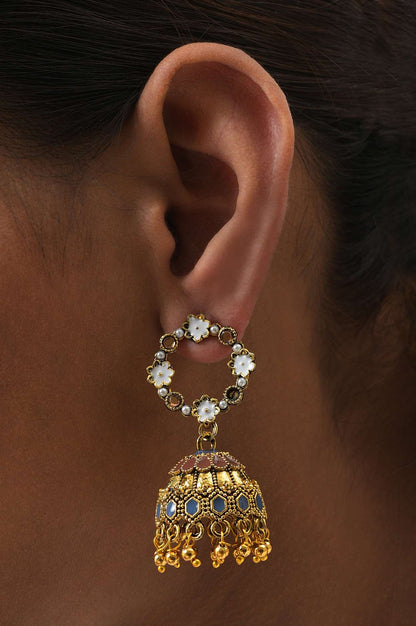 Brown &amp; Blue Oxidised Ethnic Jhumkas