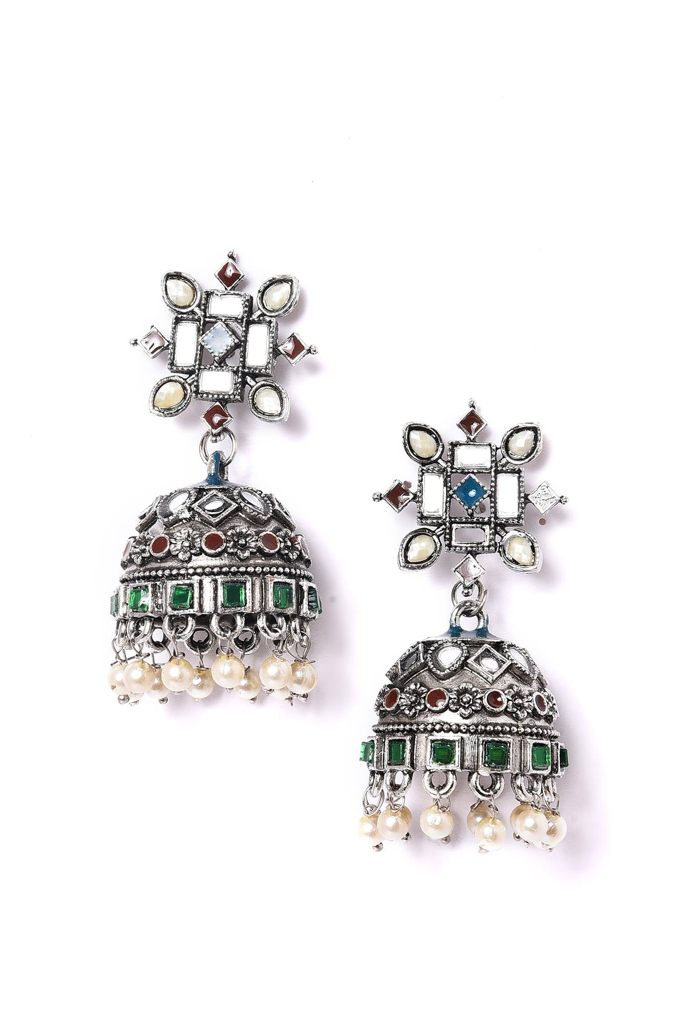 Green &amp; Brown Silver Oxidised Ethnic Jhumkas