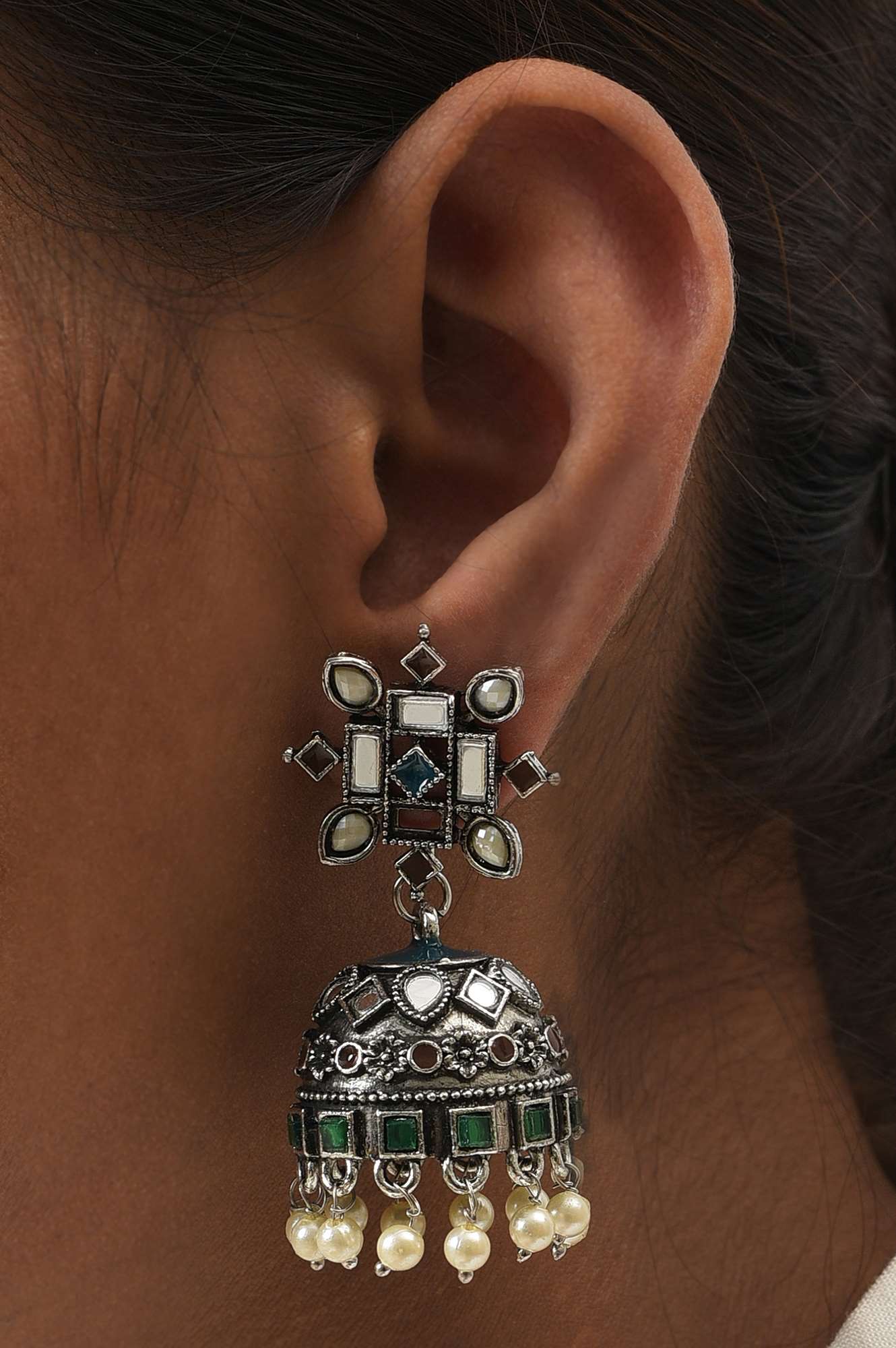 Green &amp; Brown Silver Oxidised Ethnic Jhumkas