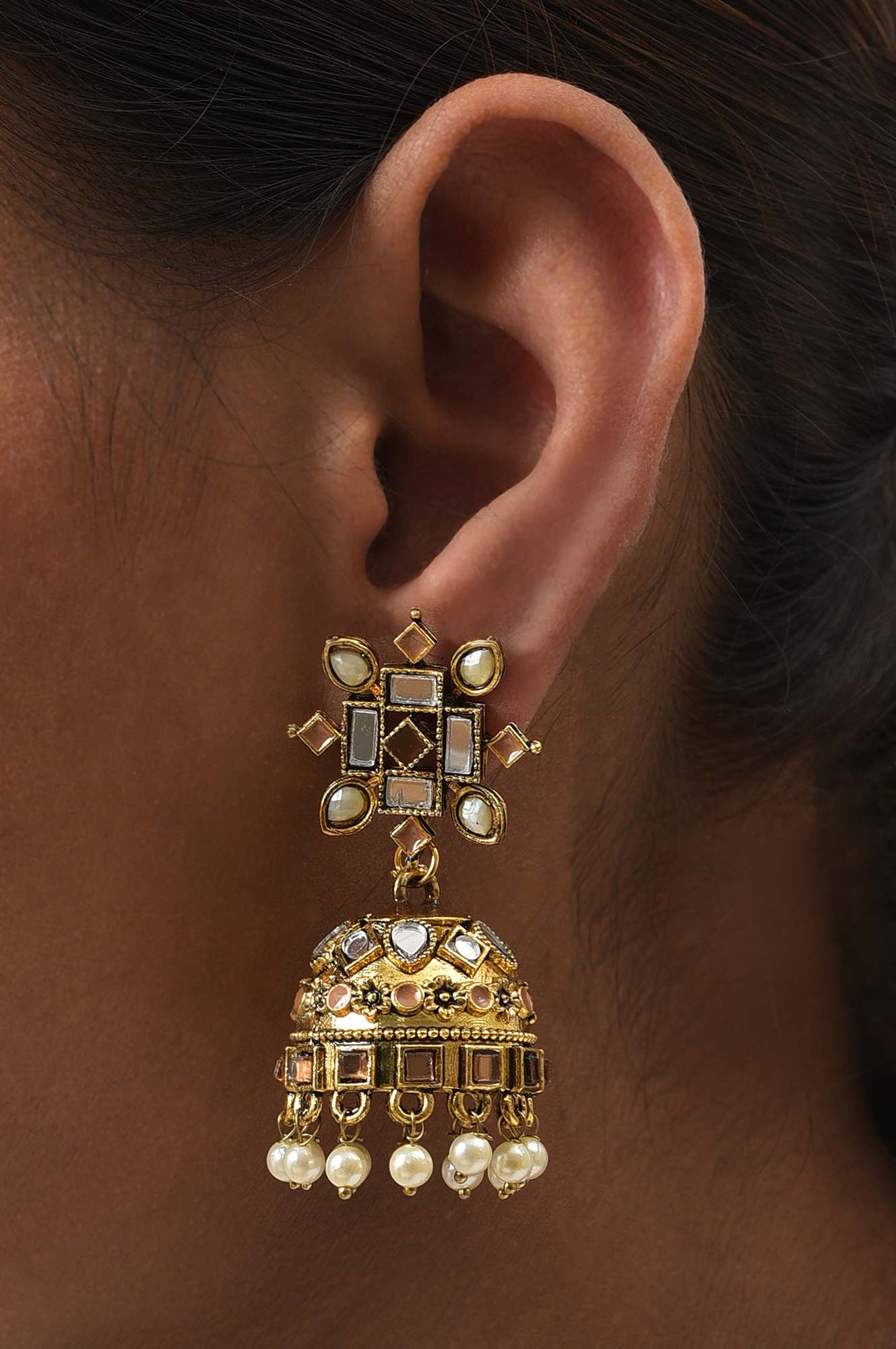 Brown Gold Oxidised Ethnic Jhumkas