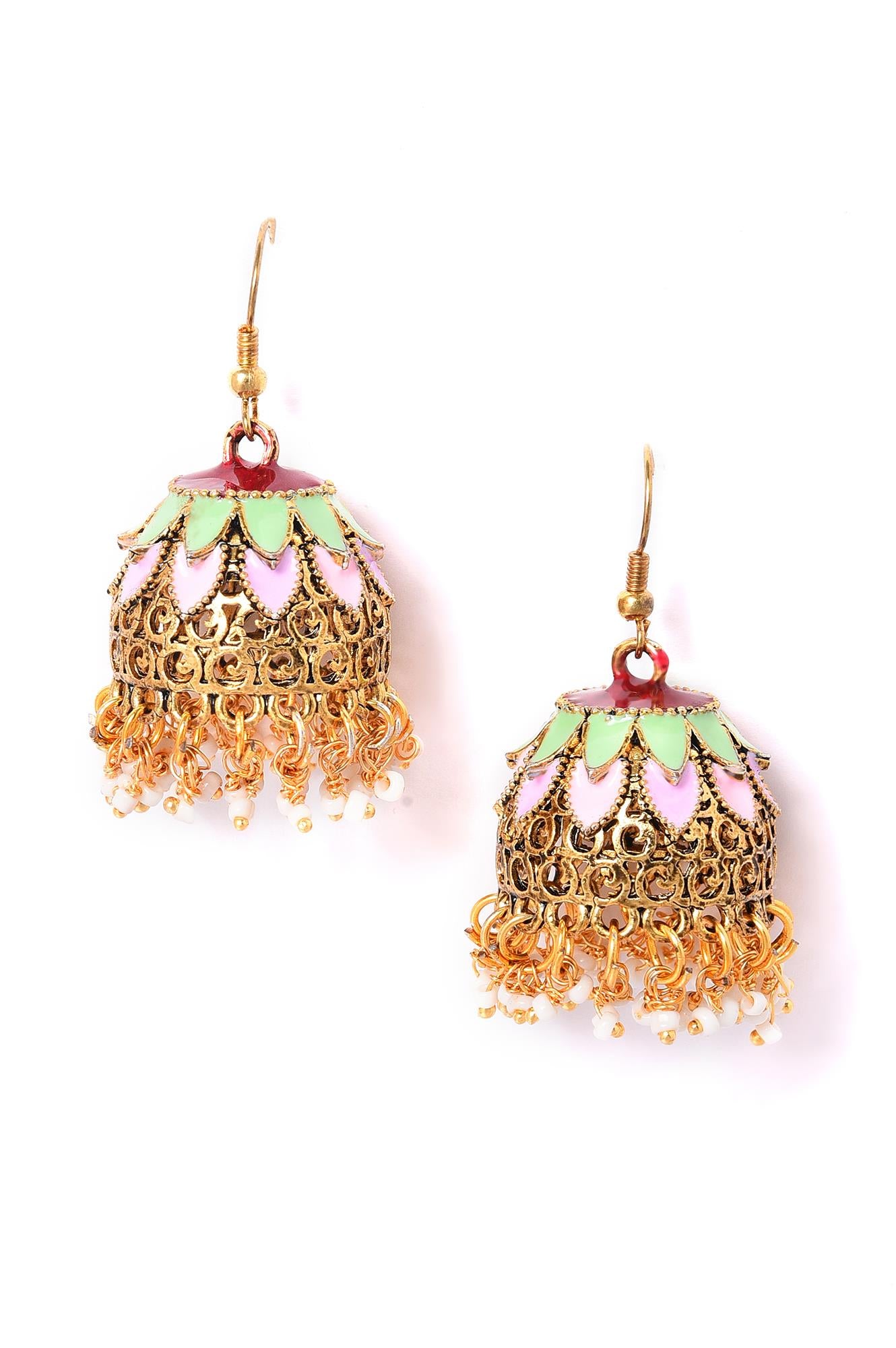 Pink &amp; Green Gold Oxidised Ethnic Jhumkas