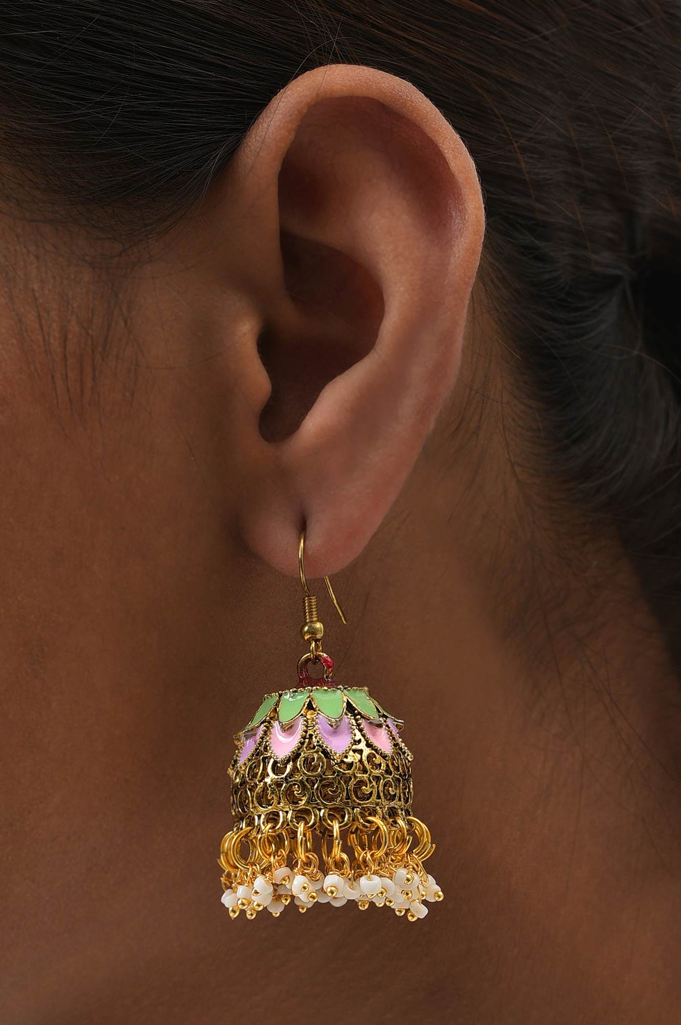 Pink &amp; Green Gold Oxidised Ethnic Jhumkas