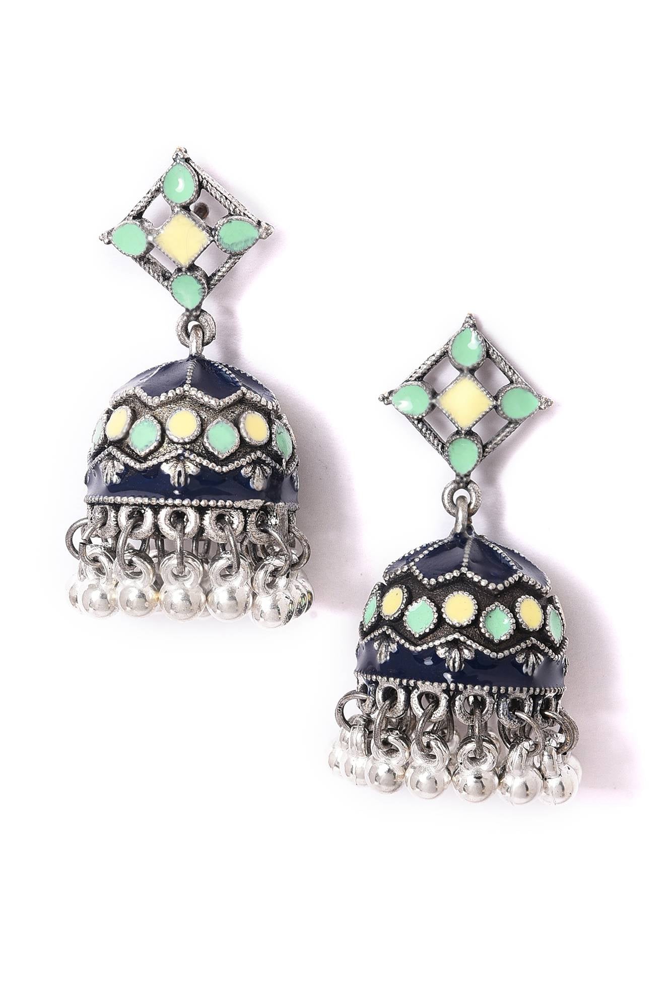 Blue &amp; Green Silver Oxidised Jhumkas