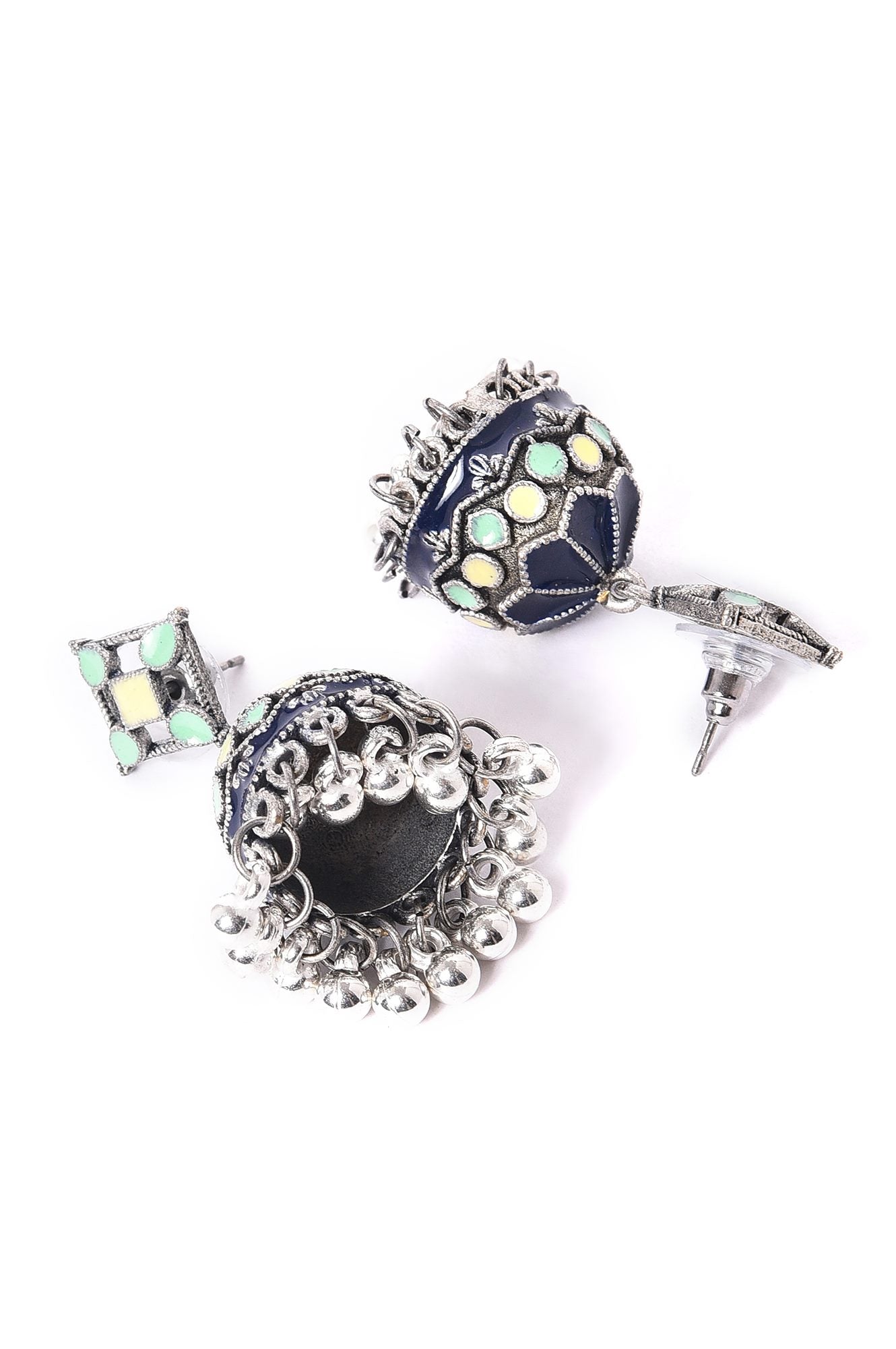 Blue &amp; Green Silver Oxidised Jhumkas