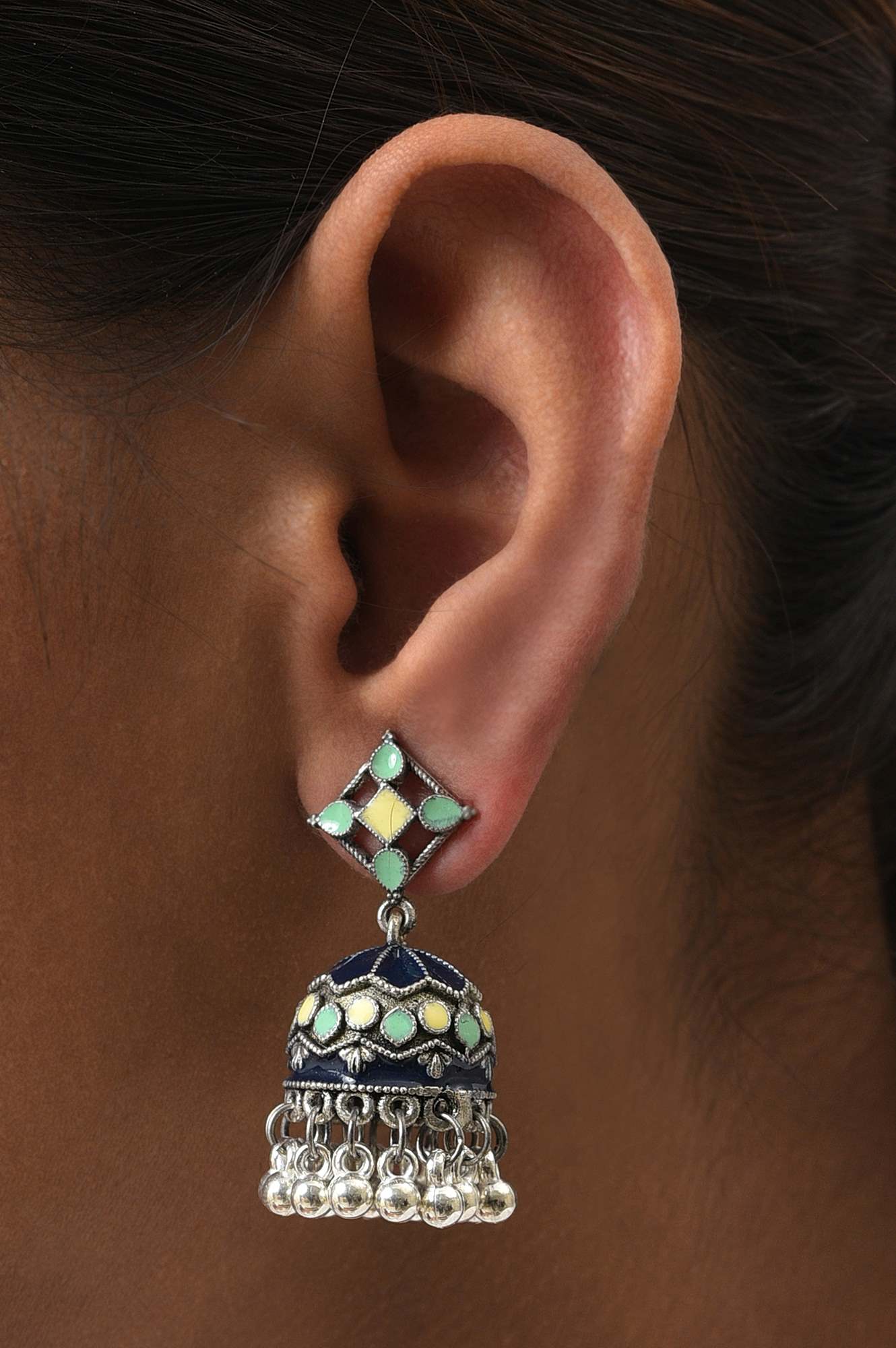 Blue &amp; Green Silver Oxidised Jhumkas