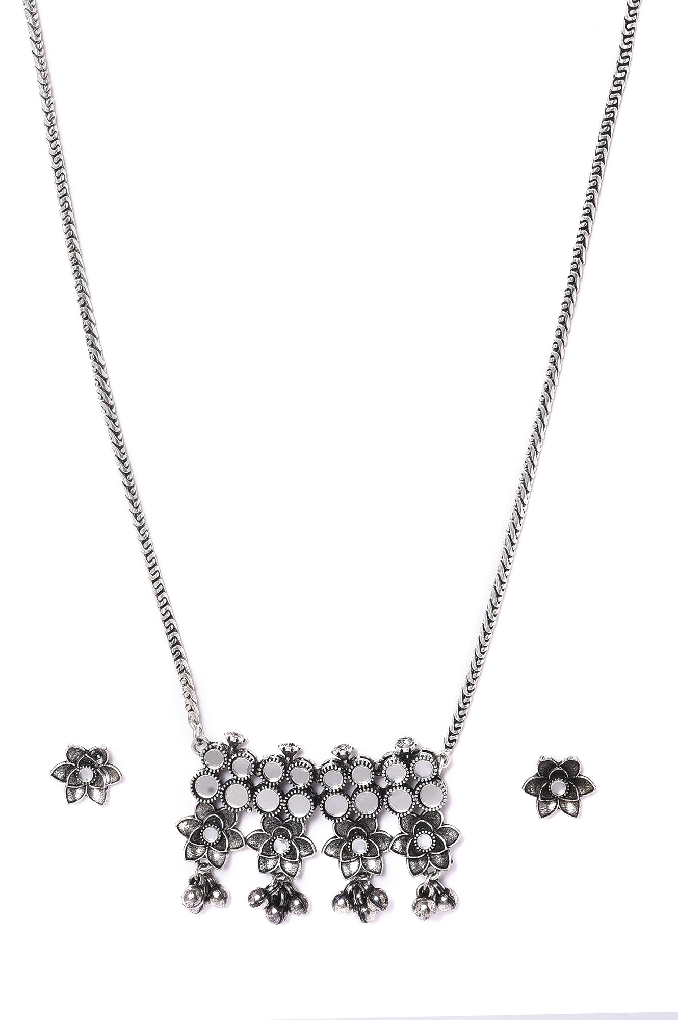 Silver Oxidised Necklace Set With Mirror &amp; Ghungroos