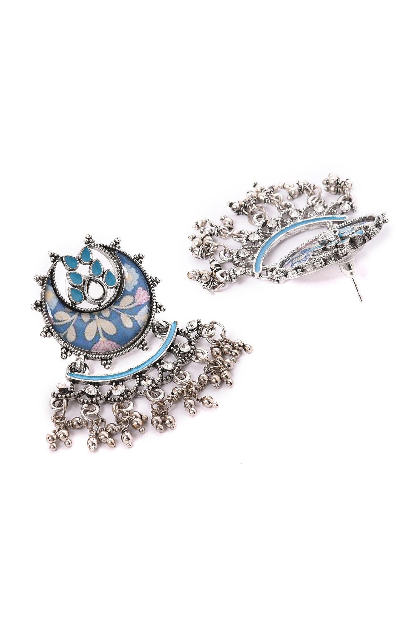 Blue Handcrafted Silver Oxidised Dangler Earrings