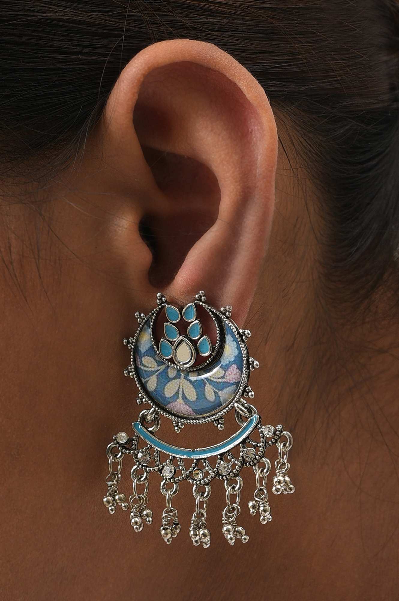 Blue Handcrafted Silver Oxidised Dangler Earrings