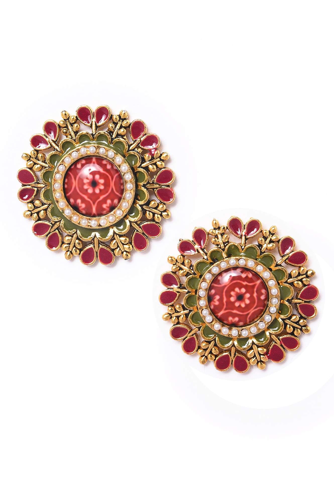 Red &amp; Green Oxidised Ethnic Stud Earrings