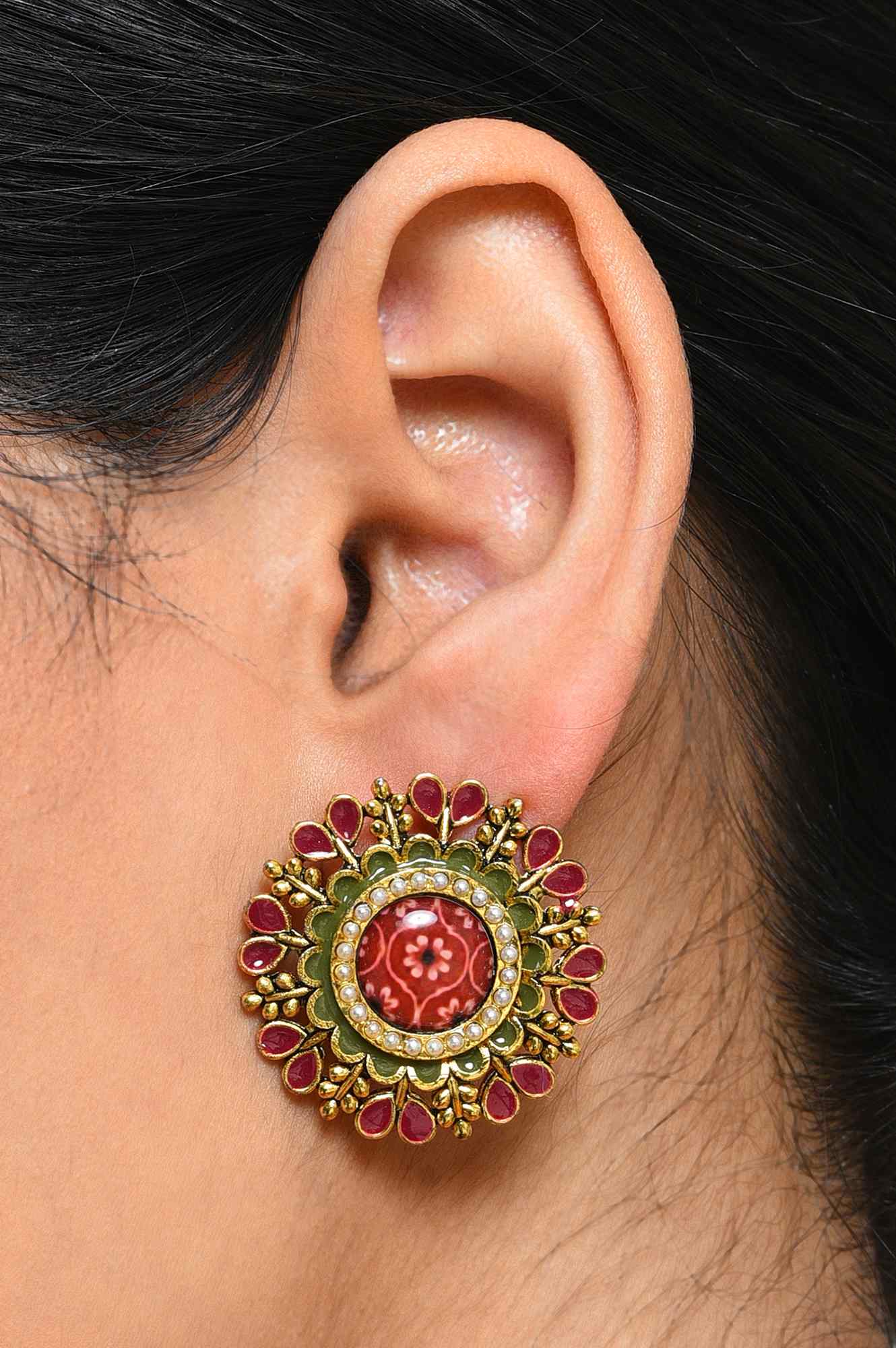 Red &amp; Green Oxidised Ethnic Stud Earrings