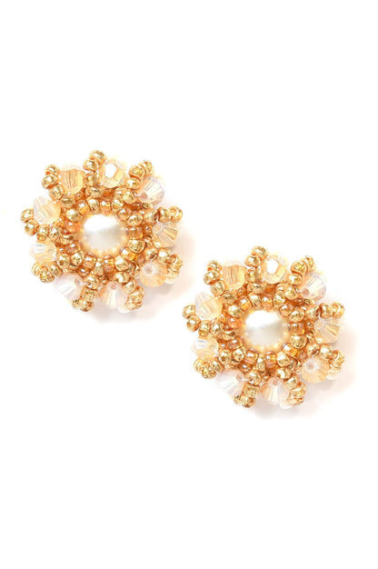 Biege Handcrafted Beads and Pearls Stud Earrings