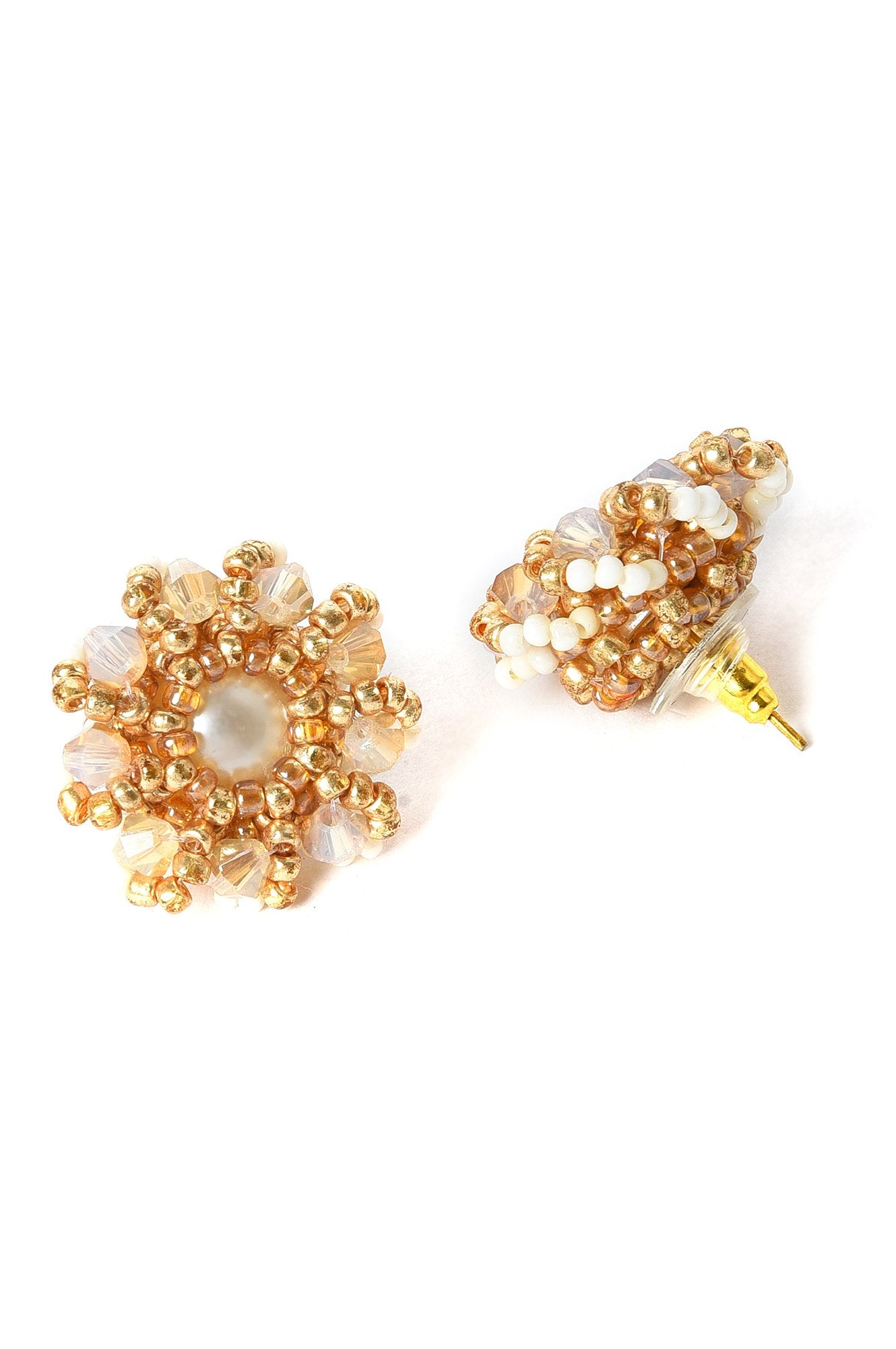 Biege Handcrafted Beads and Pearls Stud Earrings