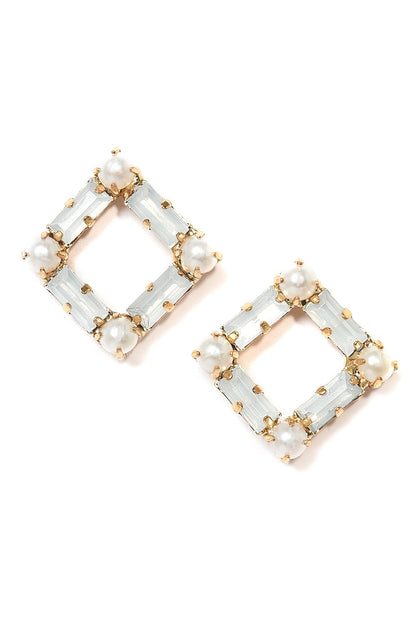 Green Stud Earrings with Dual Tone Rhinestones and Pearl