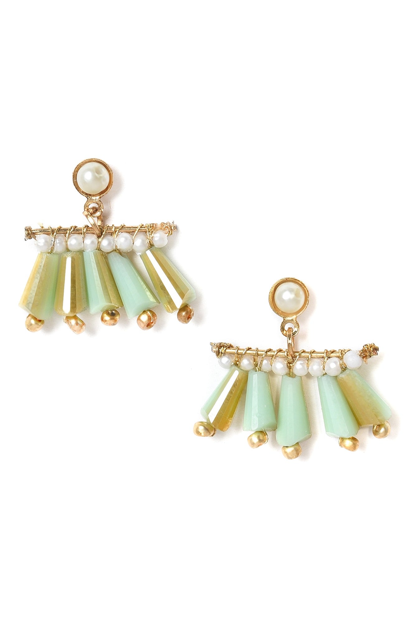 Green Handcrafted Drop Earrings with Pearl and Beads