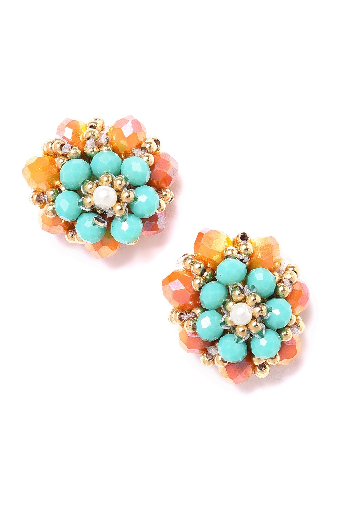 Green &amp; Orange Round Beads Stud Earrings