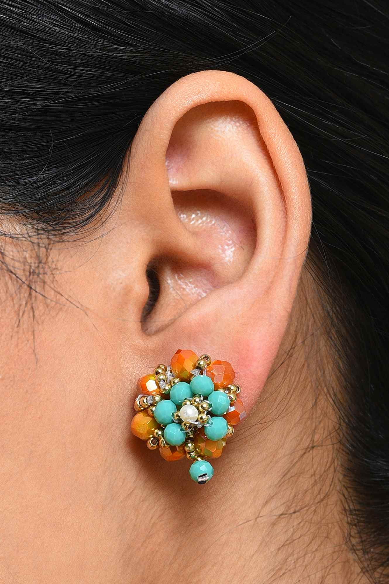 Green &amp; Orange Round Beads Stud Earrings