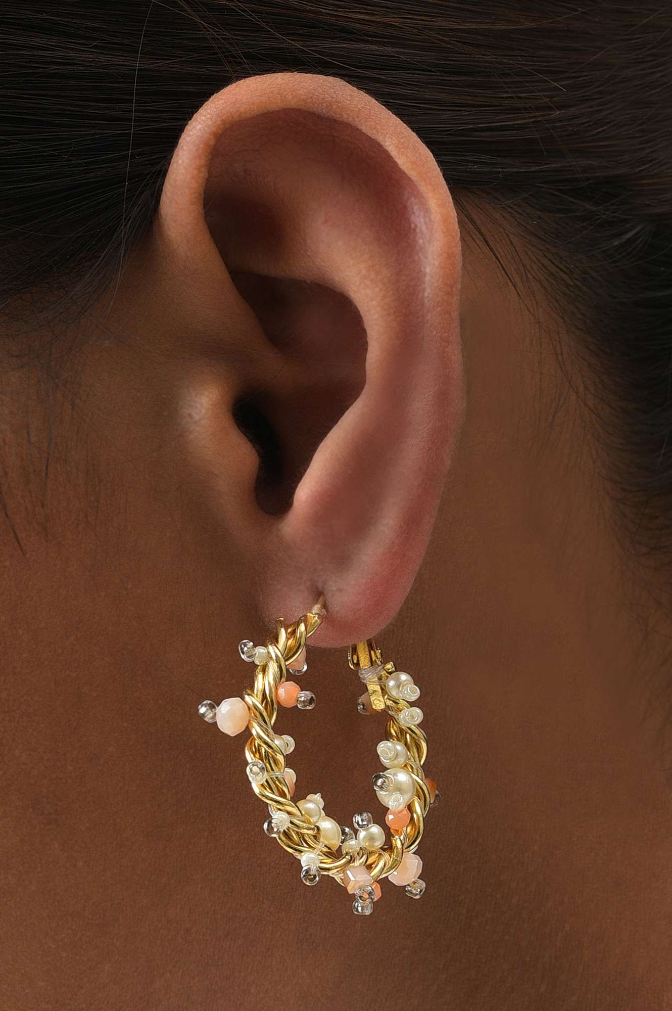 Beige Handcrafted Ethnic Hoop Earrings