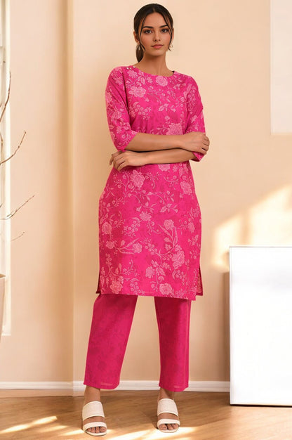 Pink Floral Printed Cotton Kurta and Pants Co-ord Set