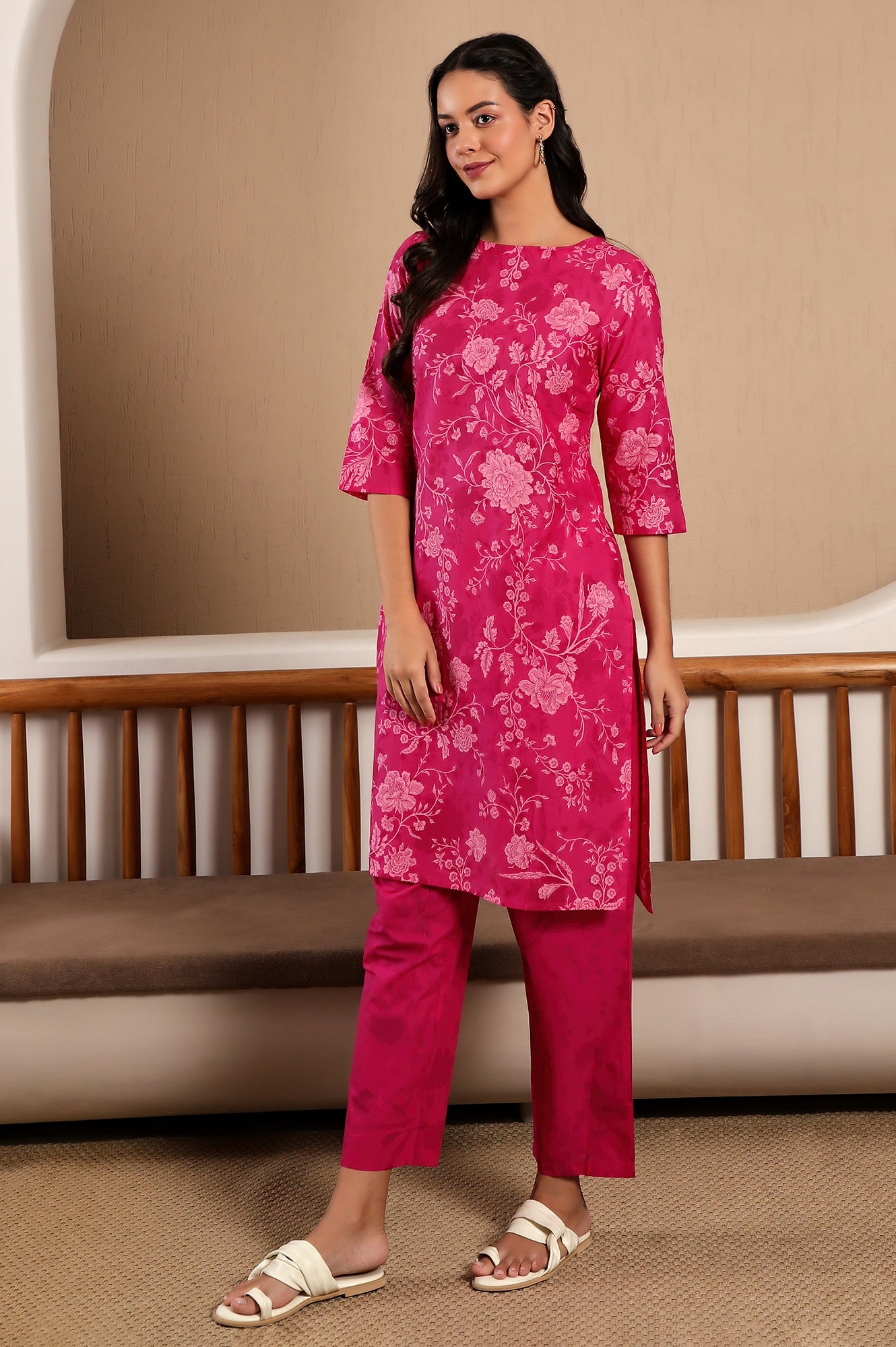 Pink Floral Printed Boat Neck Pure Cotton Kurta and Pants Co-ord Set