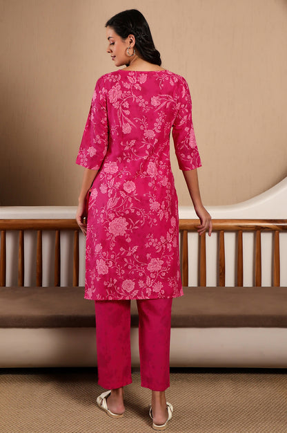 Pink Floral Printed Boat Neck Pure Cotton Kurta and Pants Co-ord Set