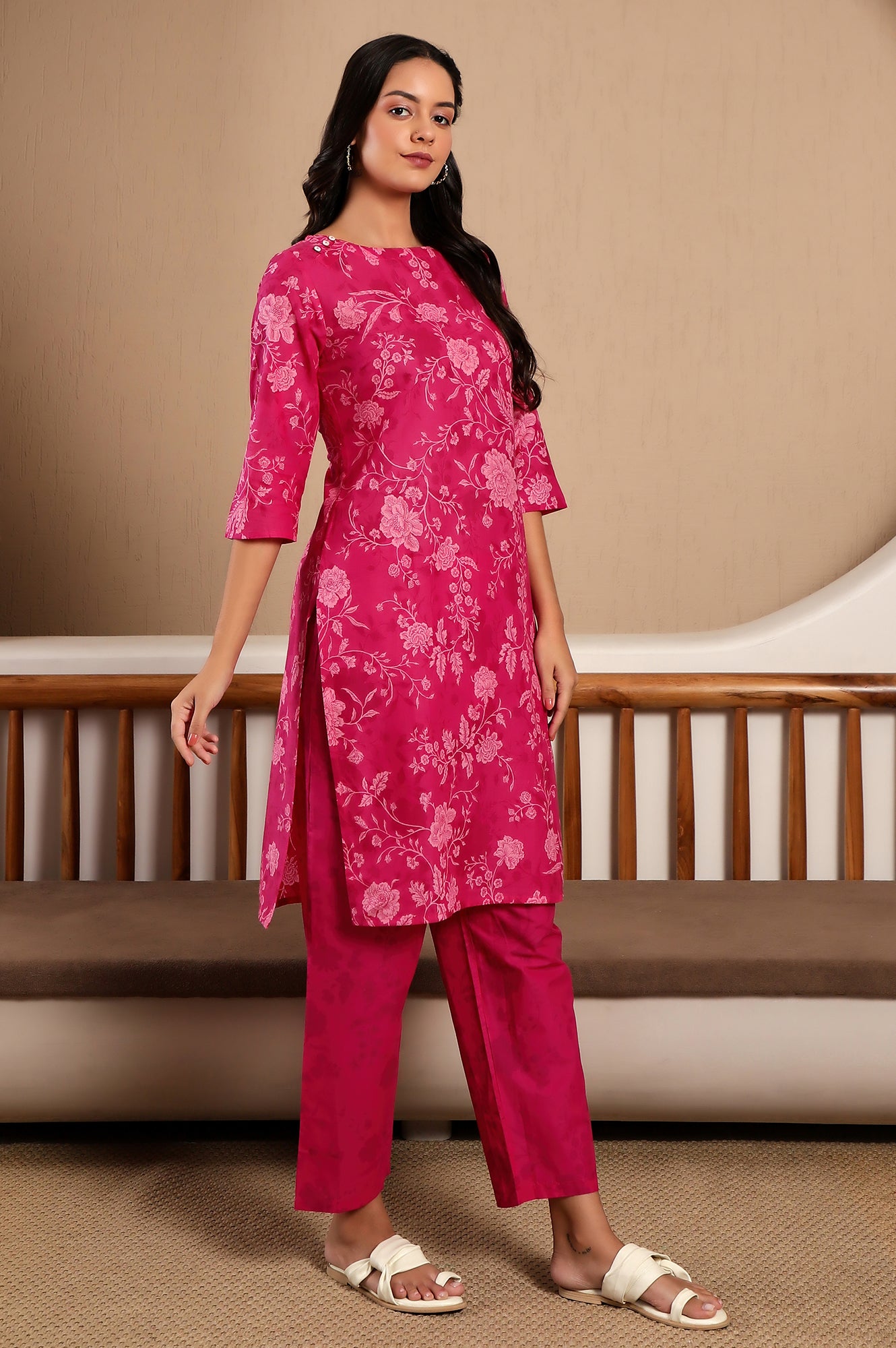 Pink Floral Printed Boat Neck Pure Cotton Kurta and Pants Co-ord Set