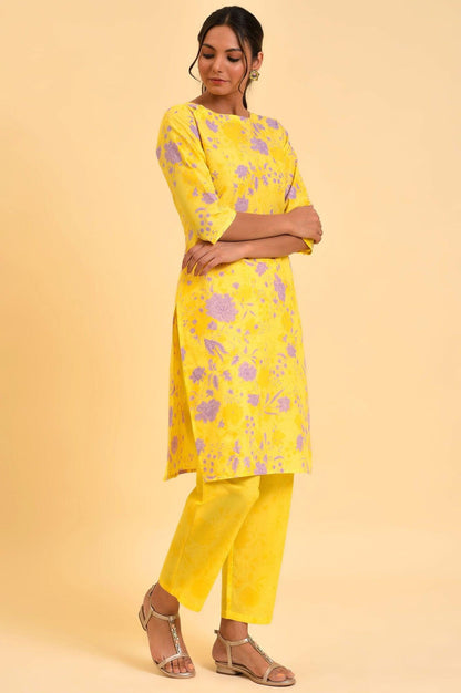 Yellow Floral Print kurta &amp; Straight Pants Co-Ord Set - wforwoman