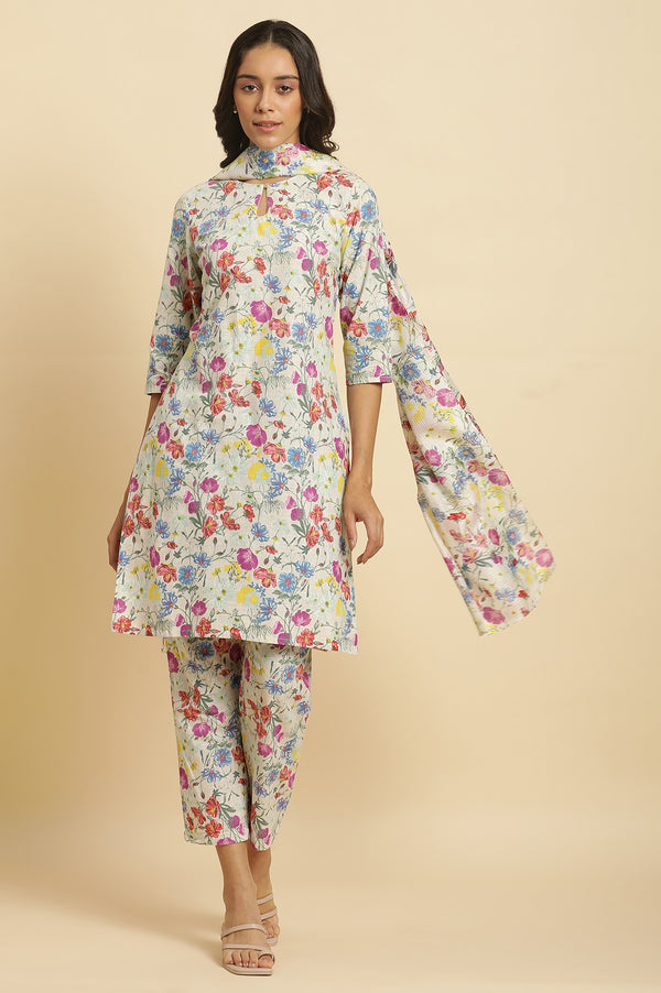 Ecru Floral Printed Kurta, Pants & Dupatta Set