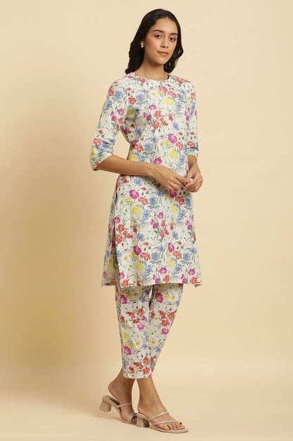 Ecru Floral Printed Kurta, Pants &amp; Dupatta Set