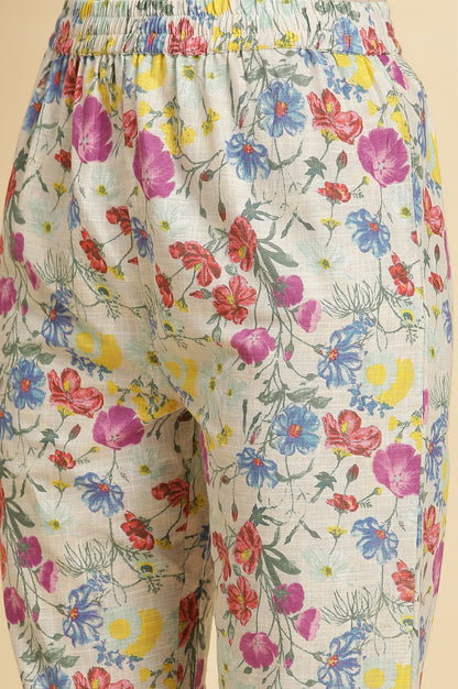Ecru Floral Printed Kurta, Pants &amp; Dupatta Set