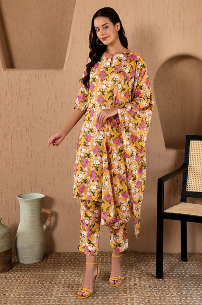Yellow Floral Printed Keyhole Neck Kurta and Pants Co-ord Set with Dupatta