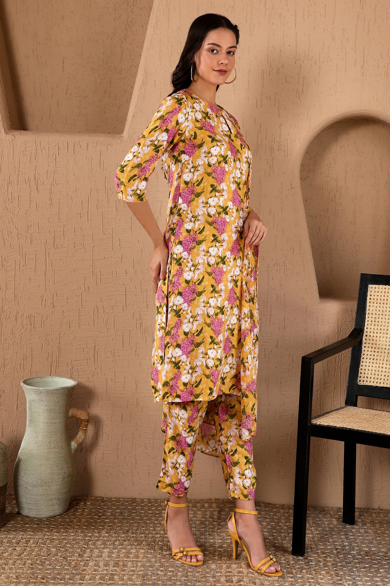Yellow Floral Printed Keyhole Neck Kurta and Pants Co-ord Set with Dupatta