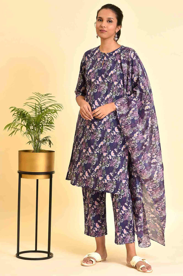 Purple Floral Printed Kurta, Pants & Dupatta Set