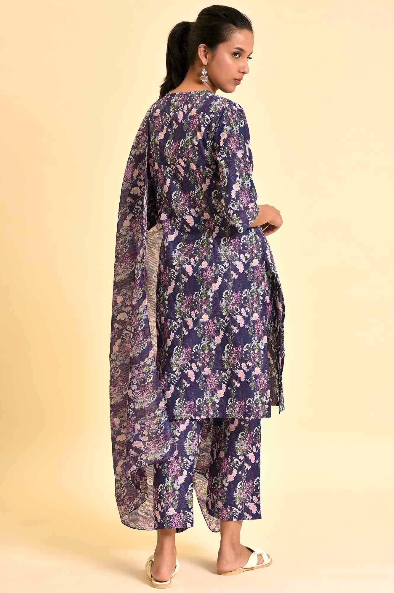 Purple Floral Printed Kurta, Pants &amp; Dupatta Set - wforwoman
