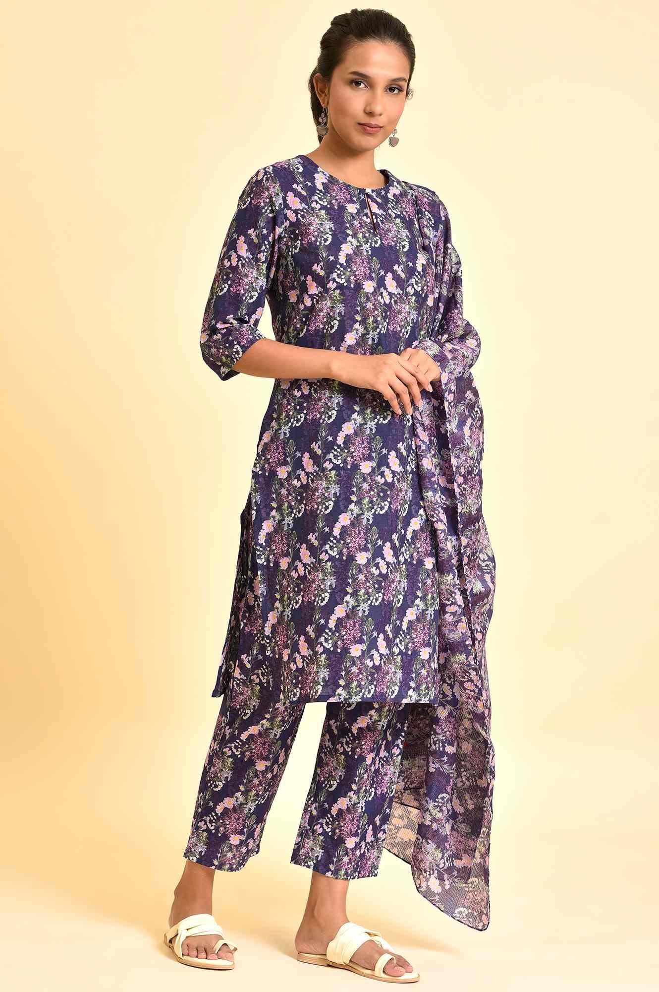 Purple Floral Printed Kurta, Pants &amp; Dupatta Set - wforwoman