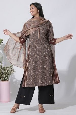 Brown Print Mix Straight Kurta, Pleated Parallel Pants With Dupatta Set