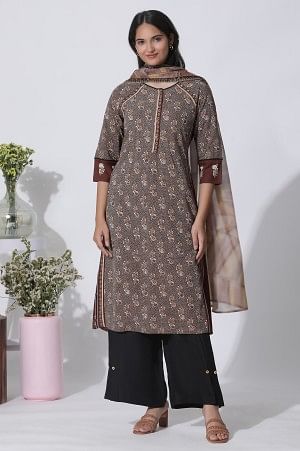 Brown Print Mix Straight Kurta, Pleated Parallel Pants With Dupatta Set