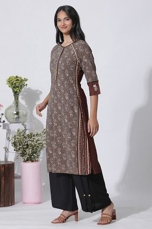 Brown Print Mix Straight Kurta, Pleated Parallel Pants With Dupatta Set