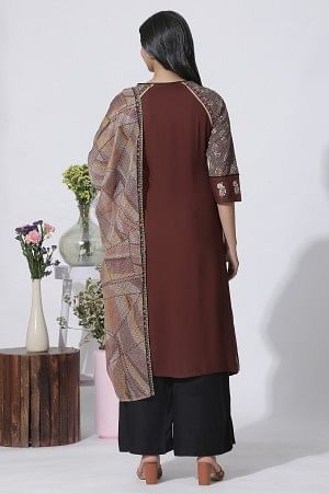 Brown Print Mix Straight Kurta, Pleated Parallel Pants With Dupatta Set