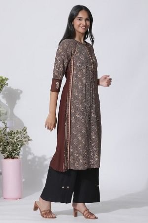 Brown Print Mix Straight Kurta, Pleated Parallel Pants With Dupatta Set