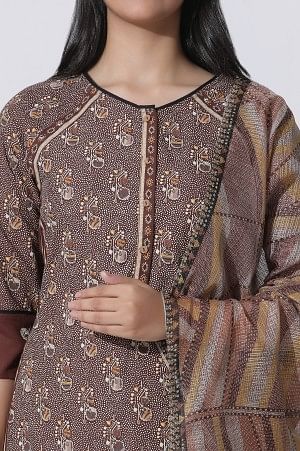 Brown Print Mix Straight Kurta, Pleated Parallel Pants With Dupatta Set