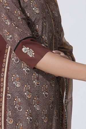 Brown Print Mix Straight Kurta, Pleated Parallel Pants With Dupatta Set