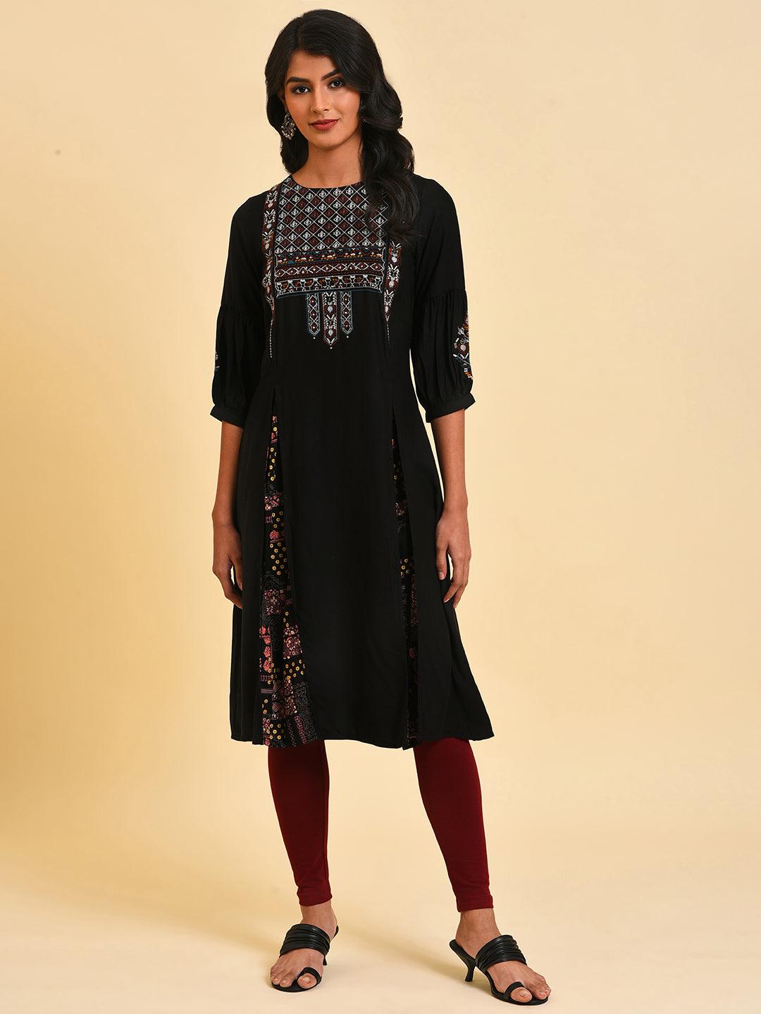Black Embroidered Tunic And Tights Set - wforwoman